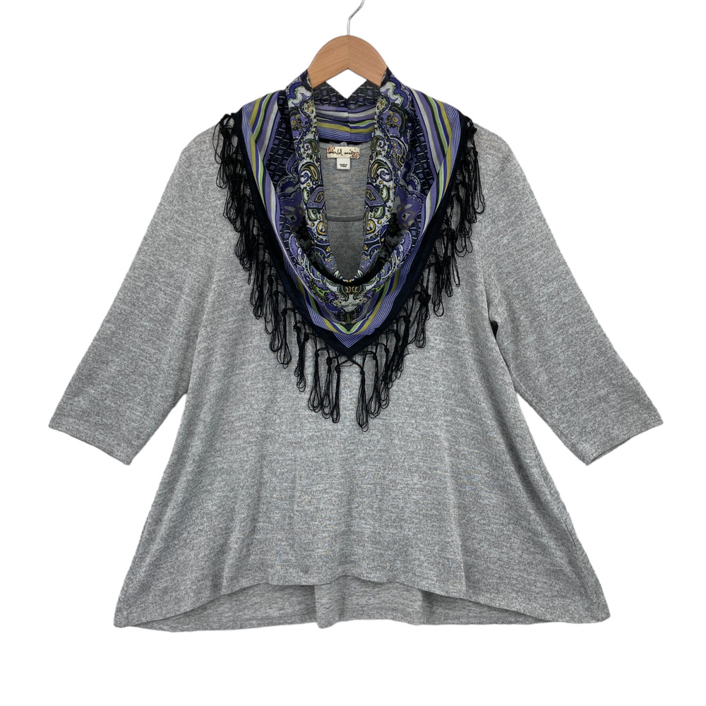 World Unity Soft Tunic and Scarf Duet Womens Large Gray Knit 3/4 Sleeve Pullover